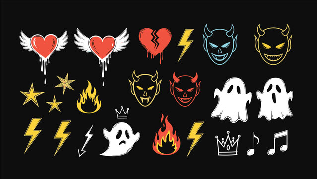 Assorted set of spooky hand drawn icons including ghosts, demons, dripping hearts, stars, lightning bolts, and flames on a black background.