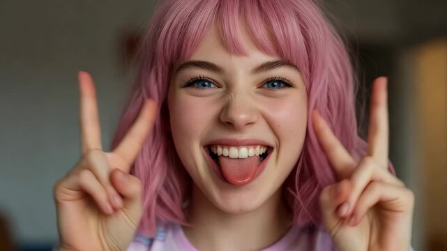 Tracking shot close up of young woman making playful peace signs and sticking out tongue in indoor bedroom portrait with pink hair and blue eyes