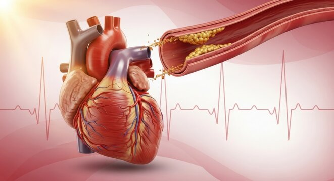 Detailed medical illustration of a human heart with arterial blockage