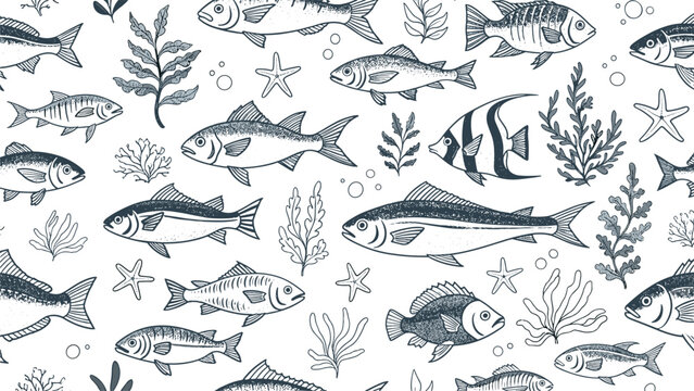 Detailed hand drawn sea life pattern displays a variety of fish, starfish, and seaweed elements on a clean white background.