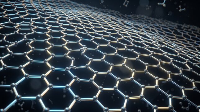 Abstract 3D rendering of a Graphene sheet, a two-dimensional nanomaterial with a hexagonal lattice structure, representing advanced nanotechnology and material science innovation