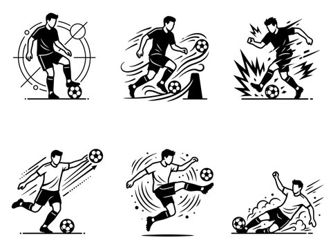 Illustrations of soccer players kicking balls in various dynamic poses and movements.