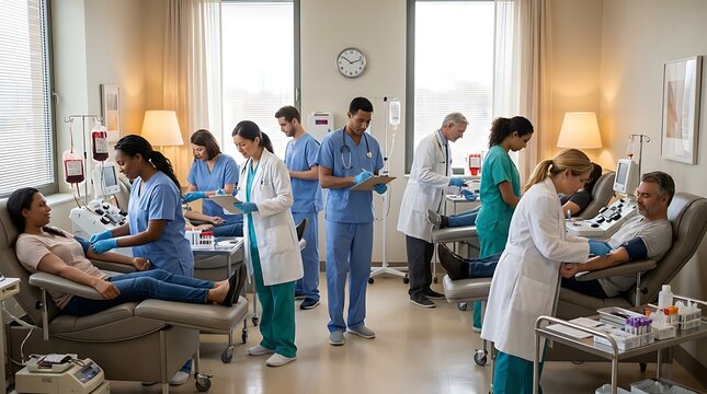 Medical professionals assisting multiple patients during a blood donation drive in a clinic setting.