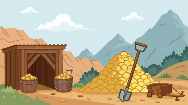 Illustration of a gold mine entrance with piles of gold and mining tools wooden structure treasure wheelbarrow industry resource excavation mountain landscape illustration adventure
