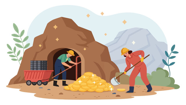 Miners digging for gold near mine entrance a wheelbarrow full of treasure wheelbarrow industry excavation underground mountain resource discovery illustration activity