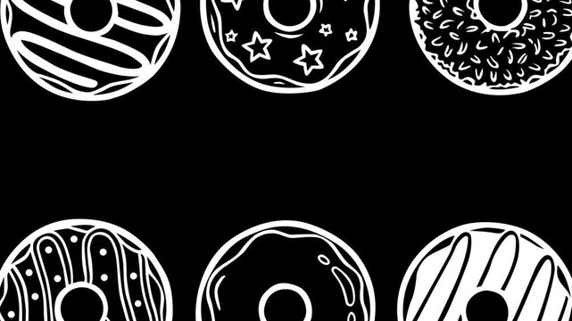 Looping footage of assorted donut outlines arranged in a clean pattern over a black background. Smooth motion and minimal style create a modern food visual, perfect for ads, branding, and menus.