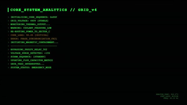 Futuristic Core System Analytics HUD with Green Digital Command Line Interface and Power Grid Reactor Emergency Status Monitoring Screen.
