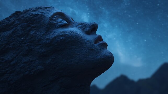 A close-up of a textured statue head gazing upward against a starry night sky with mountains in the background.