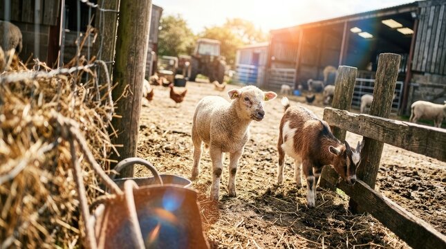 Young lamb and goat in a farmyard during golden hour