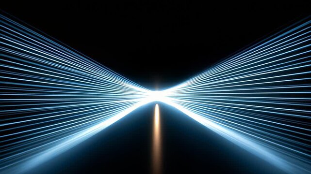 Light beams create patterns in dark space with bright focus point near center