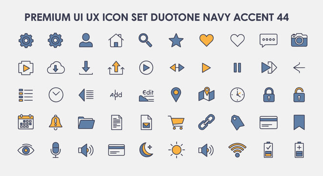 Modern Duotone User Interface and Experience Icon Set with Navy Accents - Essential Glyphs for Web, App, and Software Design Projects