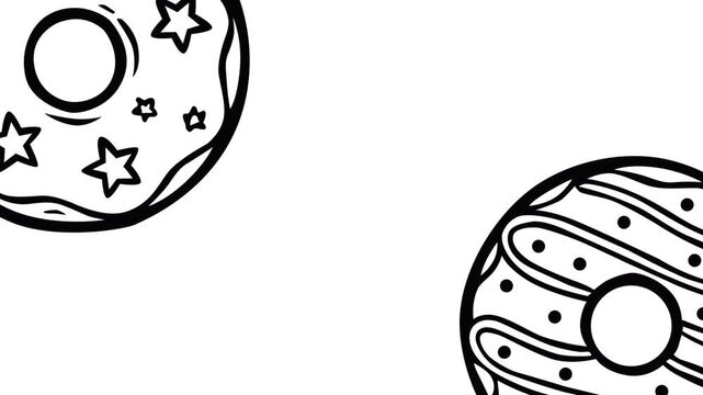 Clean minimal footage showing donut outlines drifting across a light background. Smooth motion and bold lines create a modern food-themed visual, perfect for ads, menus, and branding loops.