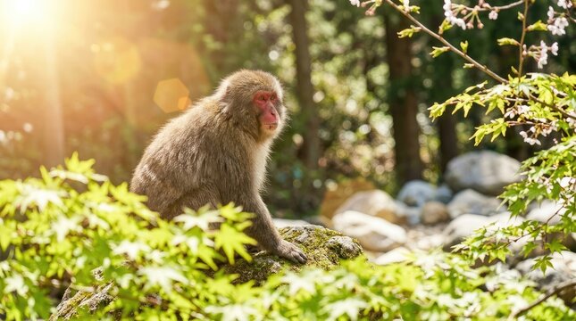 Japanese Macaque Monkey in Sunlit Forest with Cherry Blossoms
