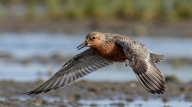 Happy World Migratory Bird Day A Stunning Red Knot Bird in Flight Over Wetlands, Celebrating Avian Migration