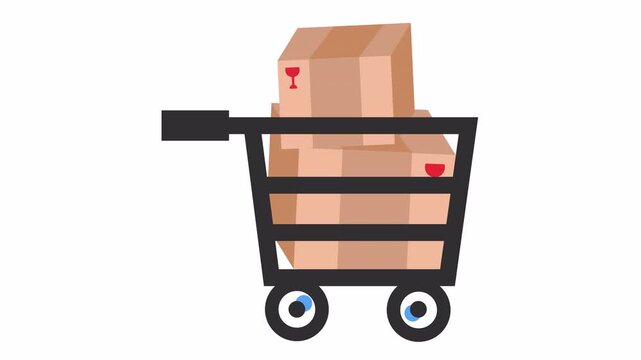 Shopping cart filled with cardboard boxes isolated on the alpha channel. E-commerce delivery and logistics icon with a trolley with packages in a cartoon animation.