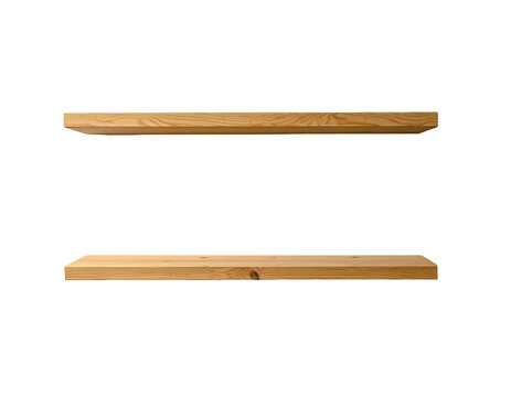 Two modern wooden shelves against a white background