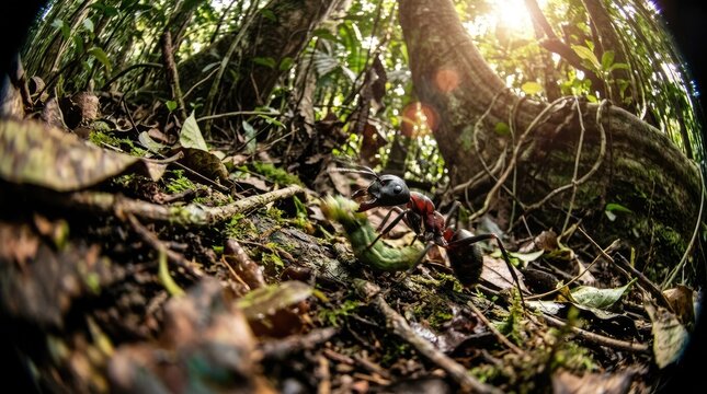 An ant attacking a caterpillar in a forest floor