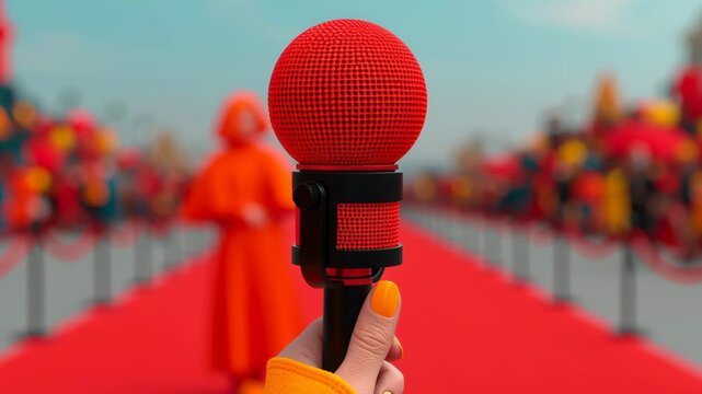 Hand holding a red microphone in front of a blurred figure wearing an orange robe on a red carpet with colorful decorations and barriers in the background