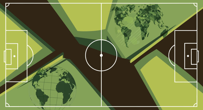 Flat vector background for world cup football poster, abstract football field shapes, dynamic lines, global sports theme, green and brown color palette, minimal modern style, no text, high-quality vec