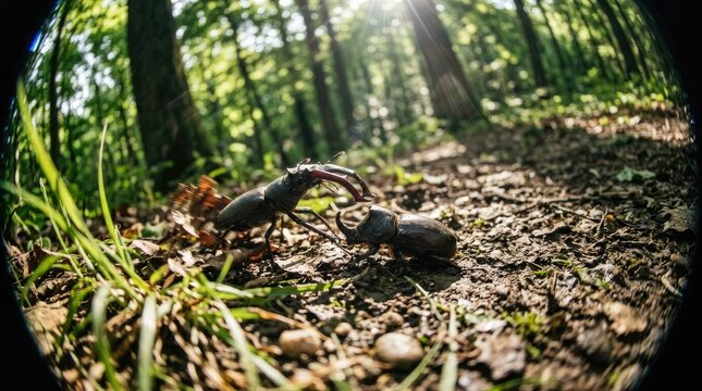 Two stag beetles fighting on a forest floor with sun rays filtering through trees