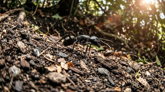 Close-up of two ants on the forest floor