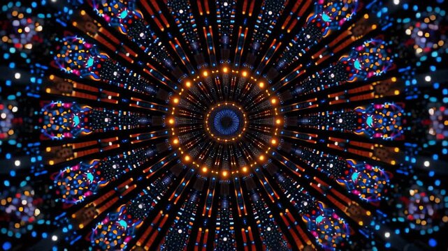 Abstract Digital Mandala Geometry Multicolor Kaleidoscope Flower Loop 4K An abstract digital mandala with multicolor geometric elements forming a mesmerizing kaleidoscope loop. VJ background footage. 