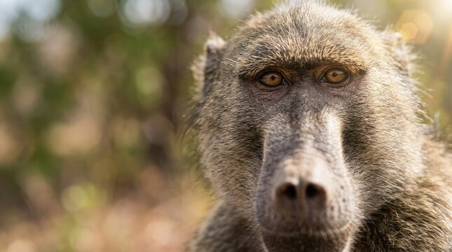 Close-up portrait of a baboon's face with golden eyes and textured fur, in natural light.