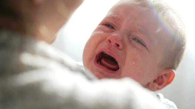 Close-up of a crying baby's face with tears streaming down