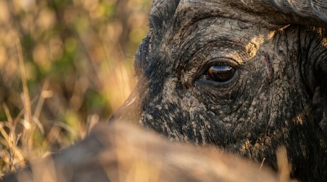 Close-up of an African buffalo's eye in the wilderness