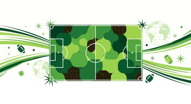 Flat vector background for world cup football poster, abstract football field shapes, dynamic lines, global sports theme, green and brown color palette, minimal modern style, no text, high-quality vec