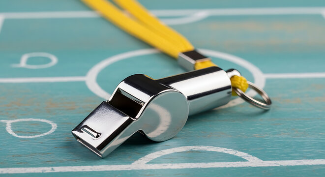 Silver metal referee whistle with a yellow lanyard on a tactical soccer field chalkboard football coaching tactical equipment training strategy officiating sporting accessories leadership