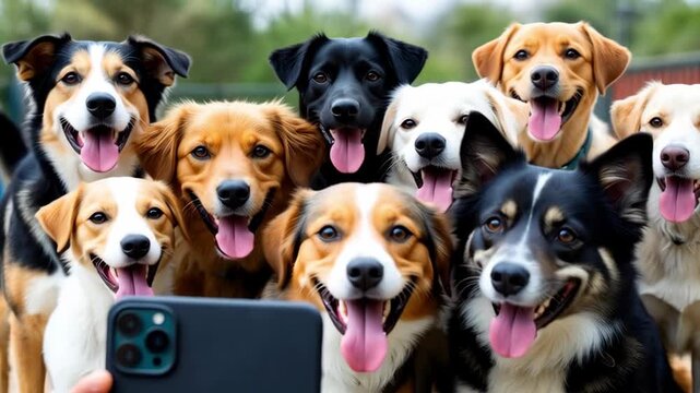 Handheld tracking shot of group of dogs posing and moving toward phone during outdoor park selfie