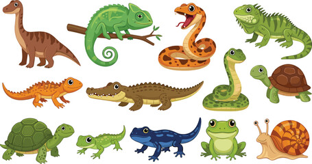 Cute reptile and amphibian cartoon animal collection with dinosaur chameleon snake turtle frog crocodile snail vector set © Shabita