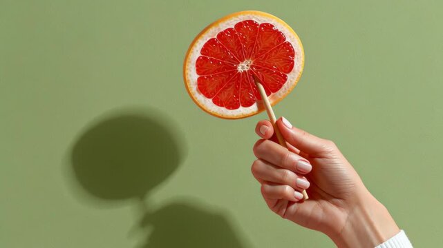 Hand holding a vibrant grapefruit slice on a stick against a green background, showcasing the fruit's juicy texture and bright color in a visually appealing manner