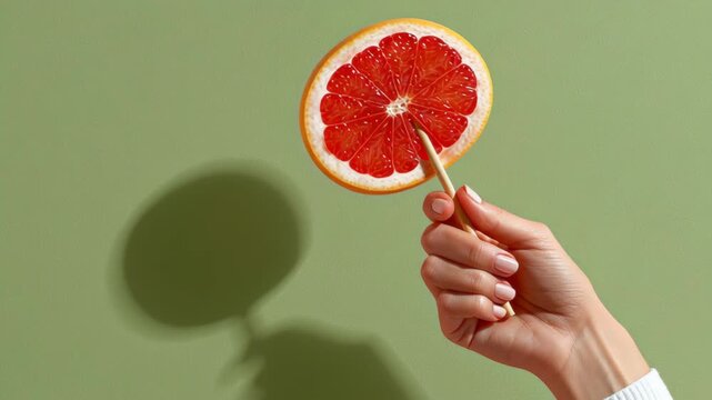 Hand holding a slice of grapefruit on a stick against a green background, showcasing the vibrant red fruit and its shadow in a visually appealing composition