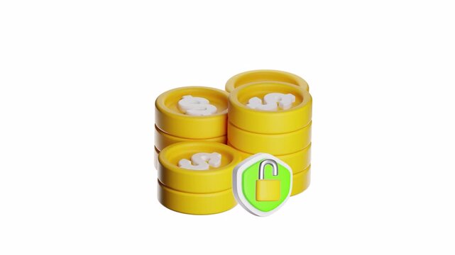 3d ux icon motion stacked yellow dumpling containers with a security shield, ideal for restaurant menu designs or food security concepts in marketing.