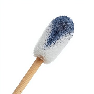 Single bamboo cotton swab with blue eyeshadow pigment on cotton tip macro isolated on white background
