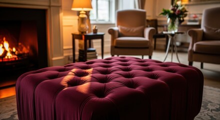 Fototapeta premium Plush burgundy velvet tufted ottoman in a luxurious interior setting