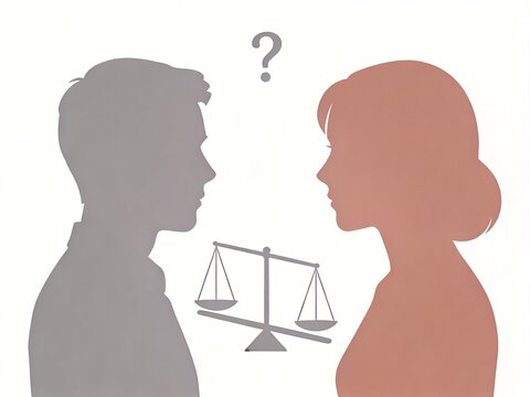 Conceptual illustration of gender inequality featuring male and female silhouettes with unbalanced scales and a question mark.
