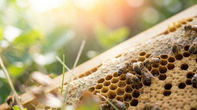 Bees working on a honeycomb in sunlight