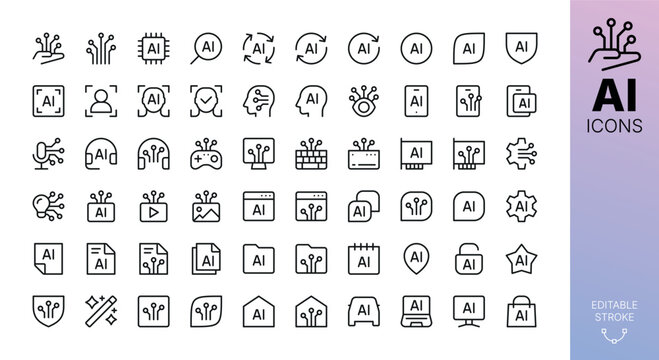 AI, Artificial Intelligence Line Icons Set. Set of AI technology, prompt, content generation, machine learning, assistant, chatbot, agent, business automation vector icons with editable stroke