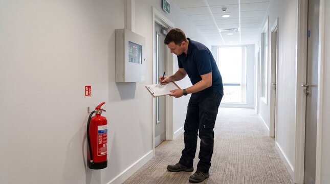 Technician inspecting fire safety panel in bright office corridor with checklist