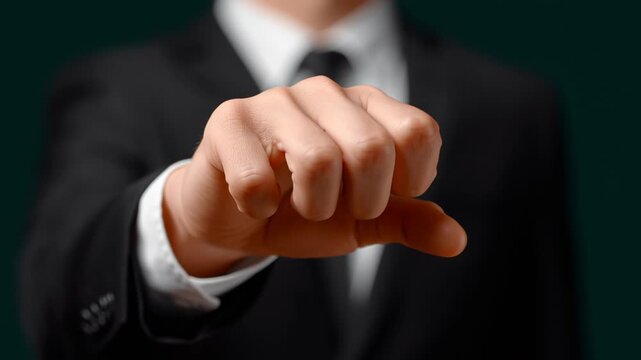 Businessman in black suit displays a clenched fist in a series of progressive frames, emphasizing determination and confidence against a dark background