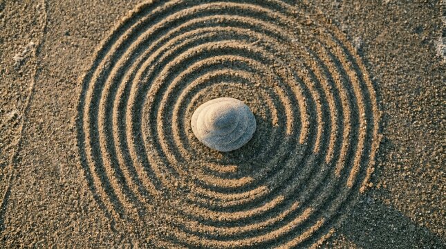 Spiral stone labyrinth with central orb aerial view