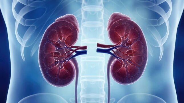 Human kidneys anatomy illustration with internal structures and vascular system