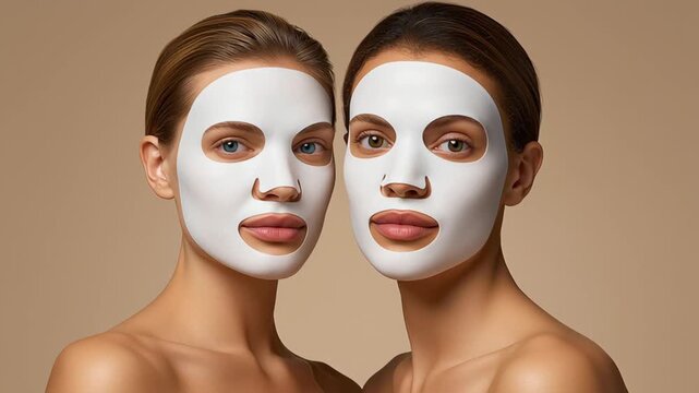 Two women with facial masks pose closely together, showcasing different angles and expressions, highlighting skincare routine and beauty treatment in a neutral-toned setting