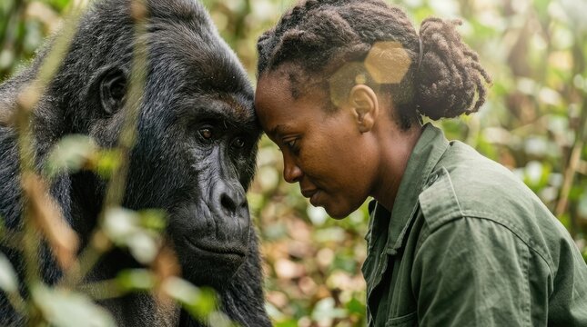 Gorilla and ranger's forehead touch in a forest