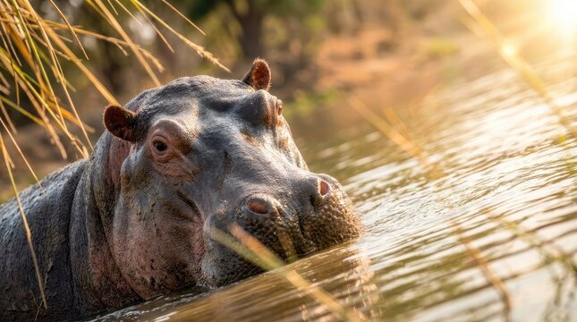 Close-up of a hippo's head emerging from murky water at sunrise.