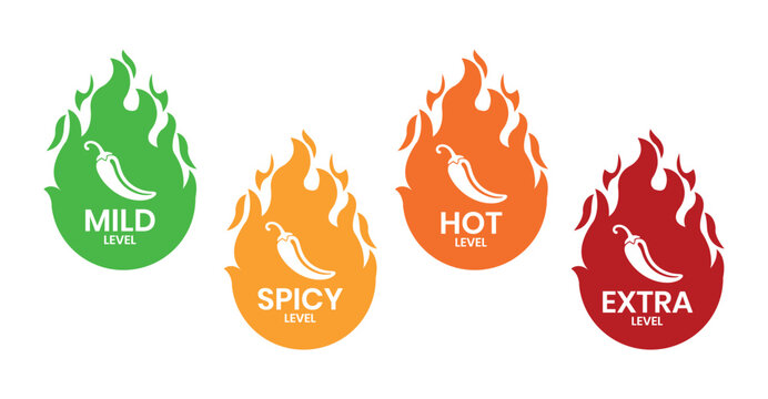 Red Chili Peppers Fire Flames icon. Chili mild level, spicy level, hot level, extra level Label. Hot Spicy green, yellow, orange icons. Logo Spicy. Extra chilli badge. Hand drawn. Vector illustration.