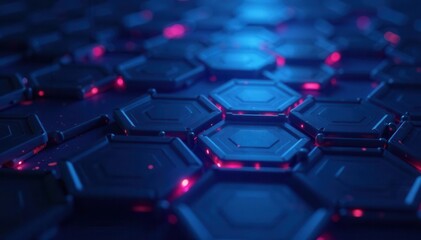 Fototapeta premium Dark blue honeycomb pattern; glowing energy beneath hexagons , connection, energy